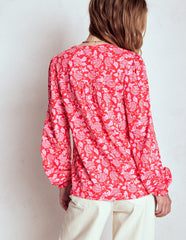 Boden Elsa Smocked Yoke Jersey Shirt - Poppy Red, Ornate Vine