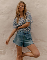 Boden Mila Lace Trim Top - Denim Blue, Wildflower Bouquet