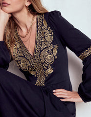 Boden V - Neck Blouson Midi Dress - Navy