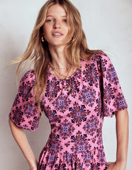 Boden Louisa Short Jersey Dress - Pink Lemonade, Bloom Mosaic