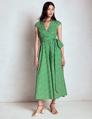 Boden Julia Cotton Wrap Midi Dress - Highland Green, Painted Dot