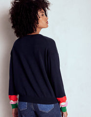 Boden Lara Relaxed Cotton Jumper - Navy Cuff Stripe