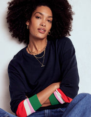 Boden Lara Relaxed Cotton Jumper - Navy Cuff Stripe