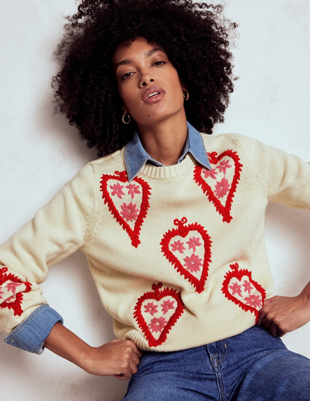 Boden Graphic Embroidered Sweater - Warm Ivory, Hearts