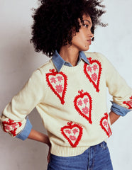 Boden Graphic Embroidered Sweater - Warm Ivory, Hearts
