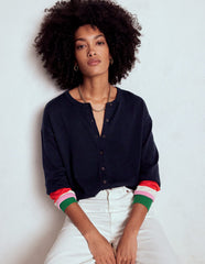 Boden Lara Relaxed Cotton Cardigan - Navy, Cuff Stripe