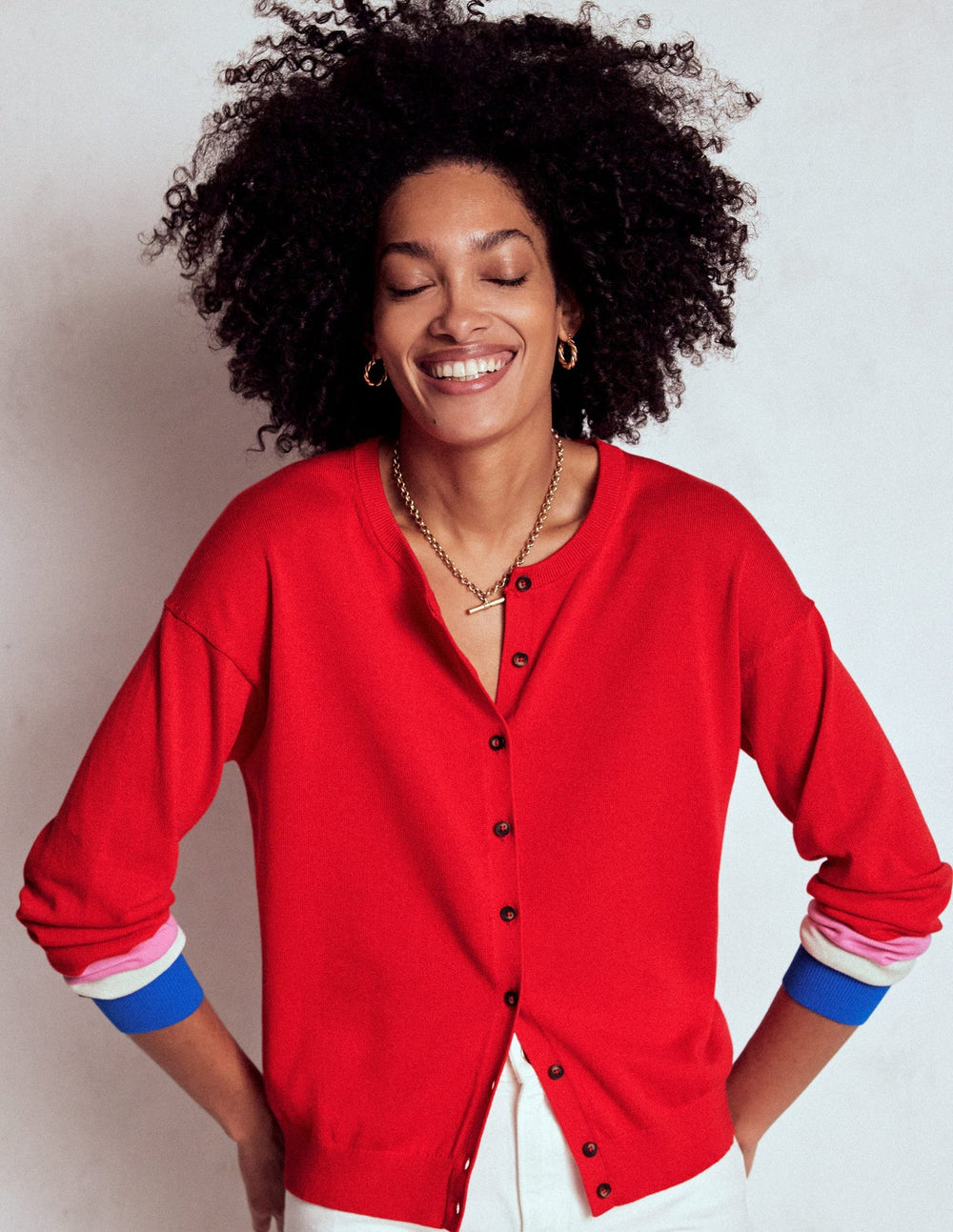 Boden Lara Relaxed Cotton Cardigan - Poppy Red, Cuff Stripe