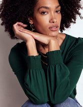 Boden Smocked Cuff Supersoft Top - Green Pine
