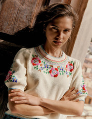 Boden Puff Sleeve Embroidery T-shirt - Warm Ivory