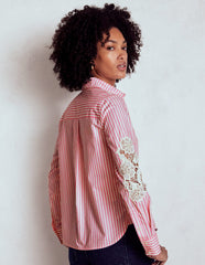 Boden Sienna Interest Cotton Shirt - Pink and Ivory Cutwork Stripe