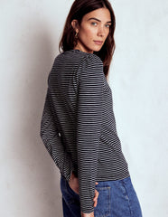Boden Cotton Crew Long Sleeve Top - Navy, Ivory Stripe