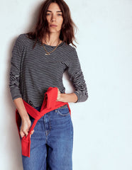 Boden Cotton Crew Long Sleeve Top - Navy, Ivory Stripe
