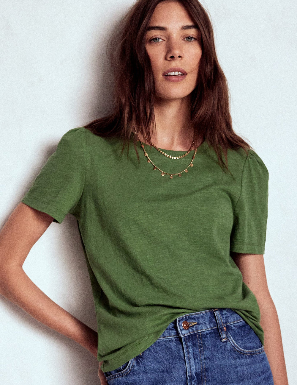 Boden Cotton Puff Sleeve T-shirt - Safari Green