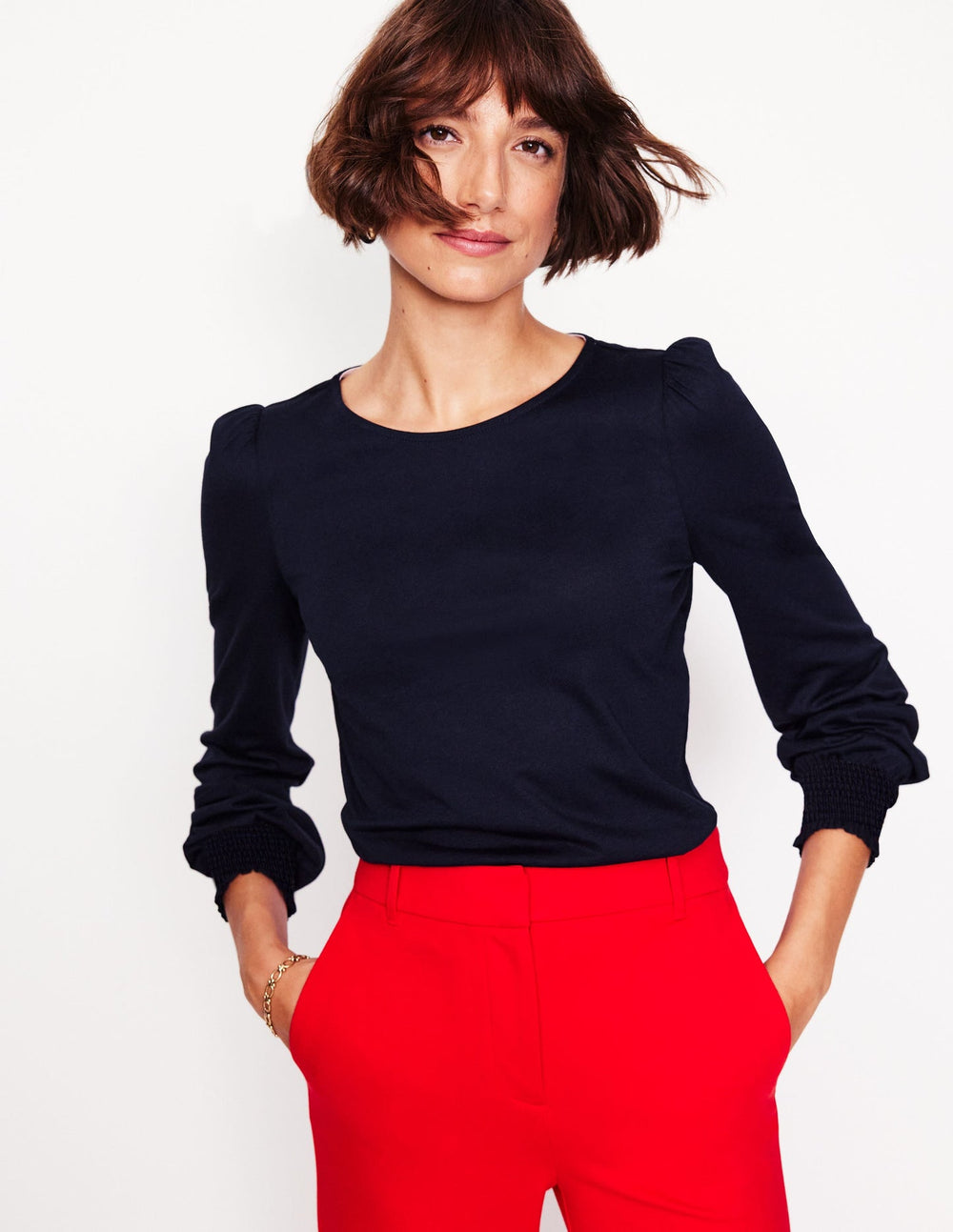 Boden Smocked Cuff Supersoft Top - Navy