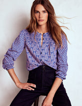 Boden Elsa Smocked Yoke Jersey Shirt - Bright Blue, Ornate Geo