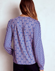 Boden Elsa Smocked Yoke Jersey Shirt - Bright Blue, Ornate Geo