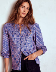 Boden Elsa Smocked Yoke Jersey Shirt - Bright Blue, Ornate Geo