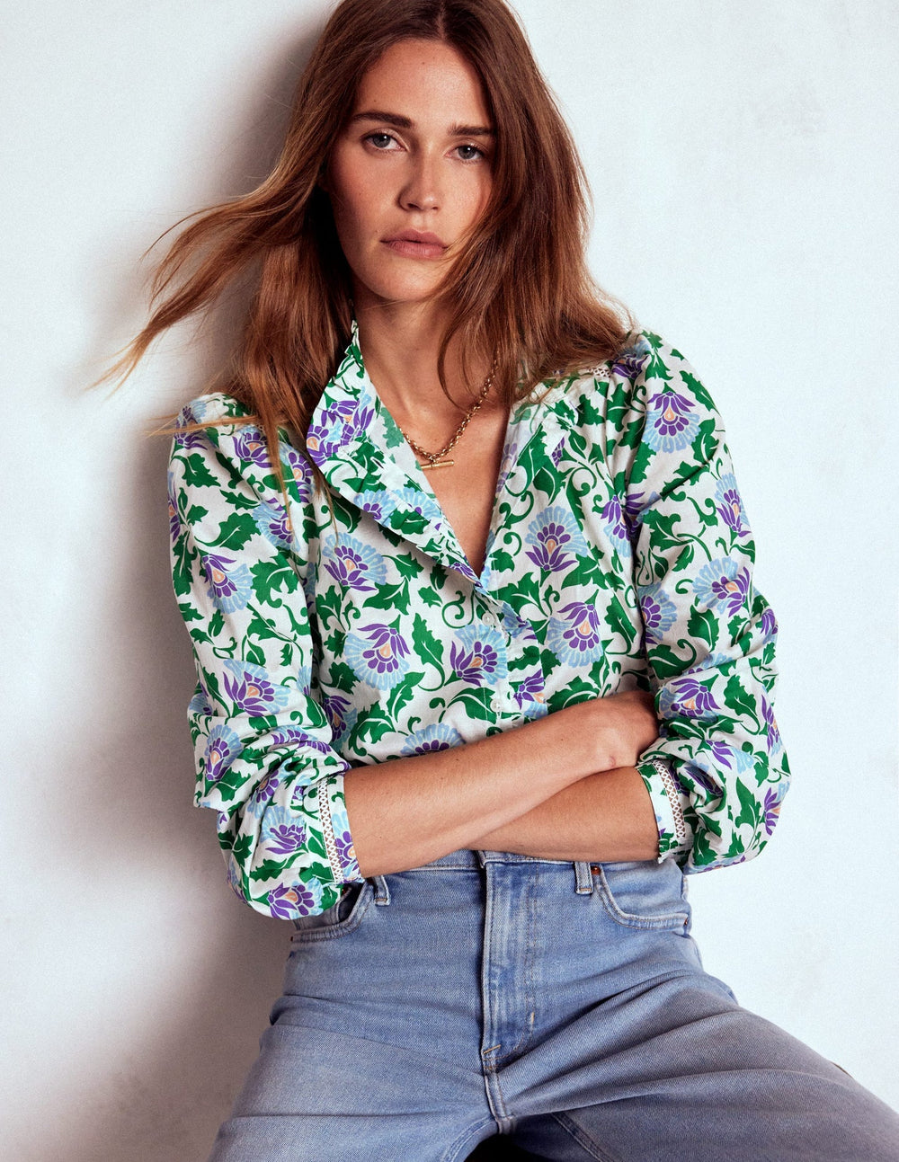 Boden Helena Cotton Top - Rich Emerald, Ornate Vine