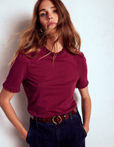 Boden Supersoft Frill Detail T-shirt - Burgundy Red