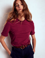 Boden Supersoft Frill Detail T-shirt - Burgundy Red
