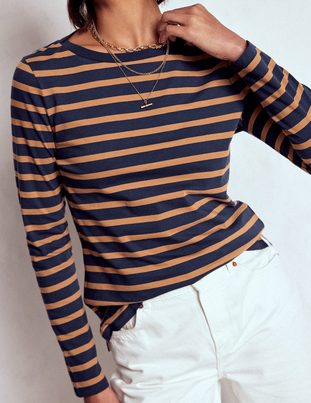 Boden Olivia Long Sleeve Breton - Navy, Camel Stripe