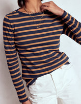 Boden Olivia Long Sleeve Breton - Navy, Camel Stripe