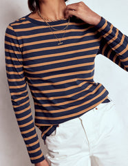 Boden Olivia Long Sleeve Breton - Navy, Camel Stripe
