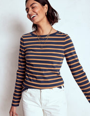 Boden Olivia Long Sleeve Breton - Navy, Camel Stripe