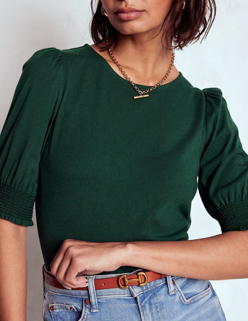 Boden Short Sleeve Smocked Cuff Top - Green Pine