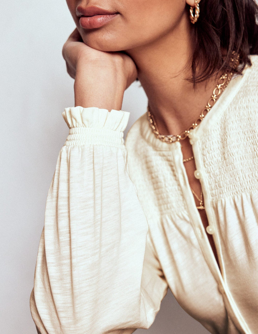 Boden Elsa Smocked Yoke Jersey Shirt - Ivory