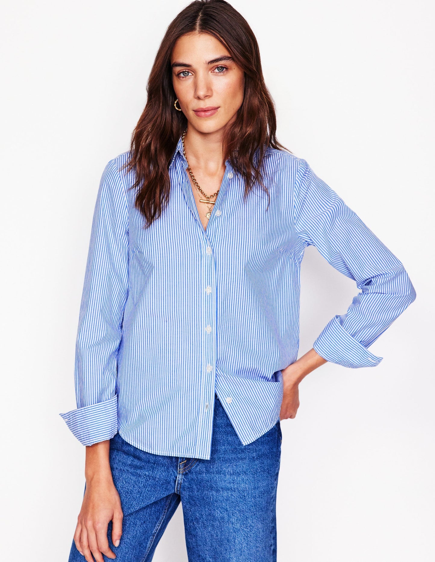 Boden Sienna Cotton Shirt - Fine Blue Stripe