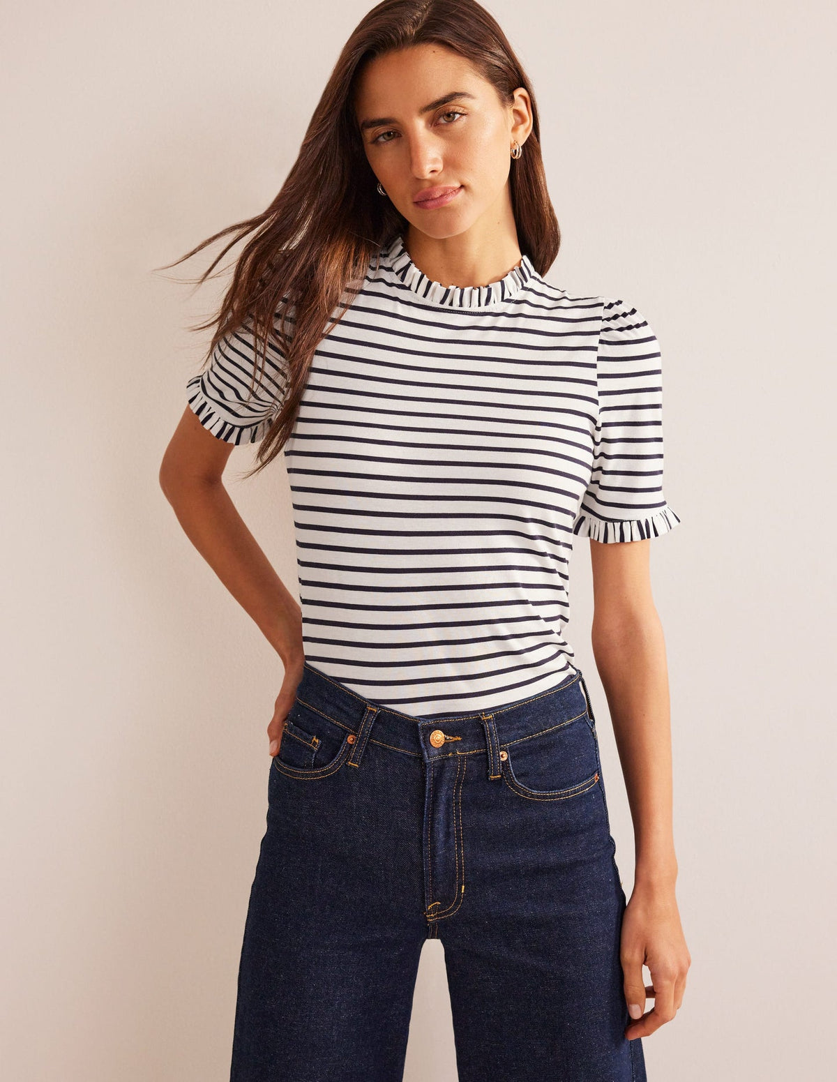 Boden Supersoft Frill Detail T-shirt - Ivory, Navy Stripe