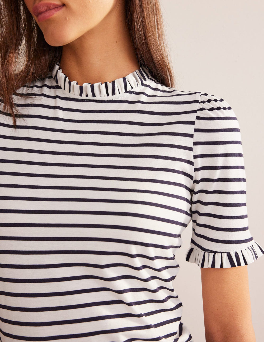 Boden Supersoft Frill Detail T-shirt - Ivory, Navy Stripe