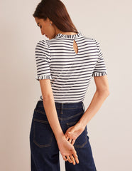 Boden Supersoft Frill Detail T-shirt - Ivory, Navy Stripe