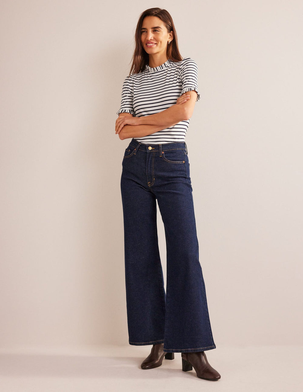 Boden Supersoft Frill Detail T-shirt - Ivory, Navy Stripe