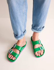 Boden Lyla Double Buckle Sliders - Rich Emerald/Soft Pink
