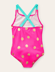 Boden Cross - back Printed Swimsuit - Fuchsia Pink, Gold Foil Spot