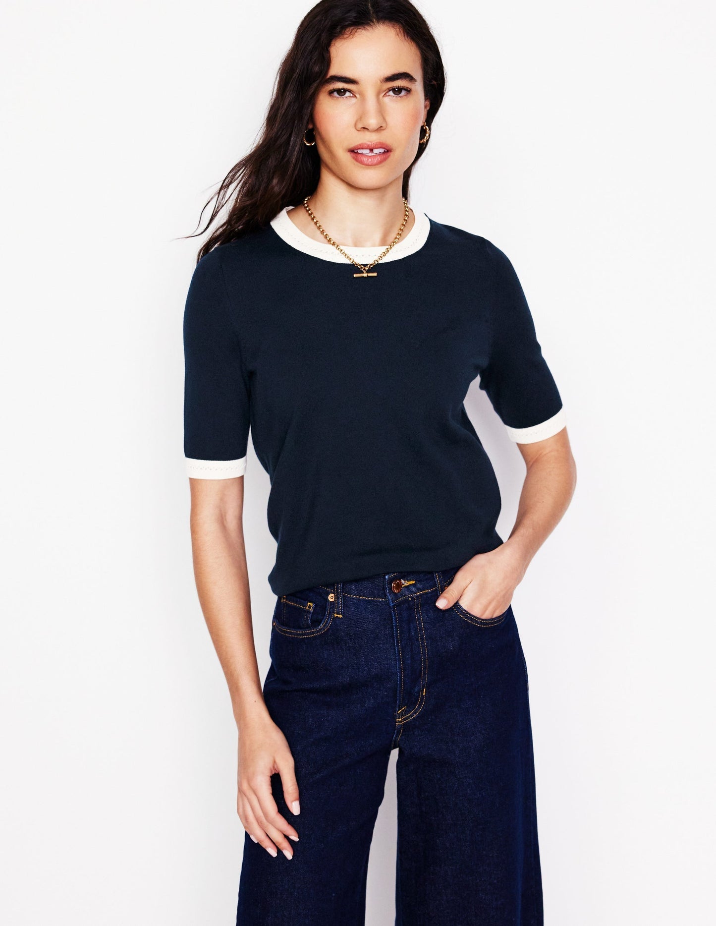 Boden Emilia Cotton Crew T-shirt - Navy, Warm Ivory