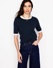 Boden Emilia Cotton Crew T-shirt - Navy, Warm Ivory