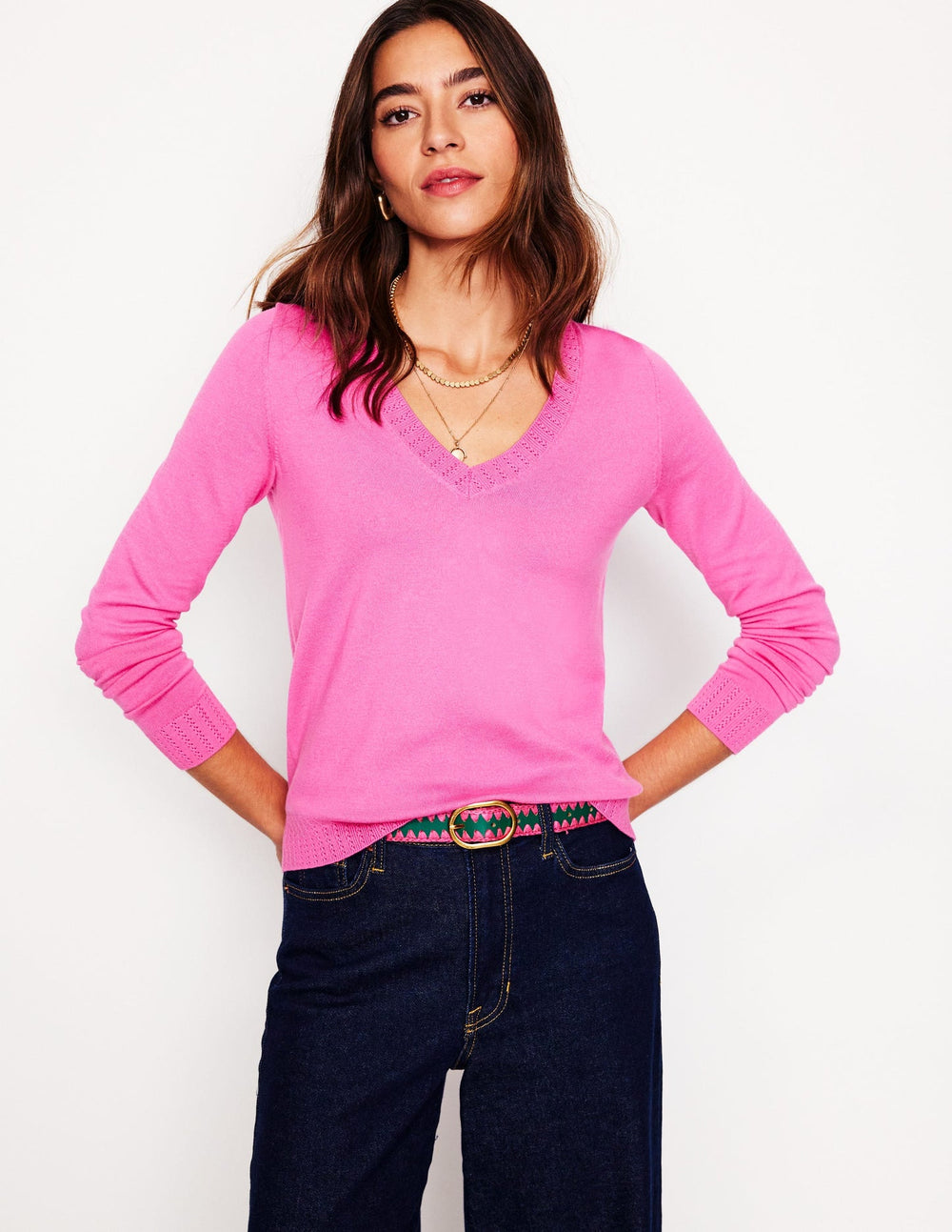 Boden Emilia Cotton V Neck Sweater - Tickled Pink