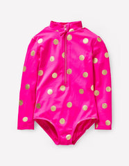 Boden Long - Sleeved Swimsuit - Fuchsia Pink, Gold Foil Spot