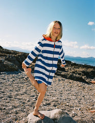 Boden Towelling Zip - Up Throw - On - Sapphire Blue Stripe