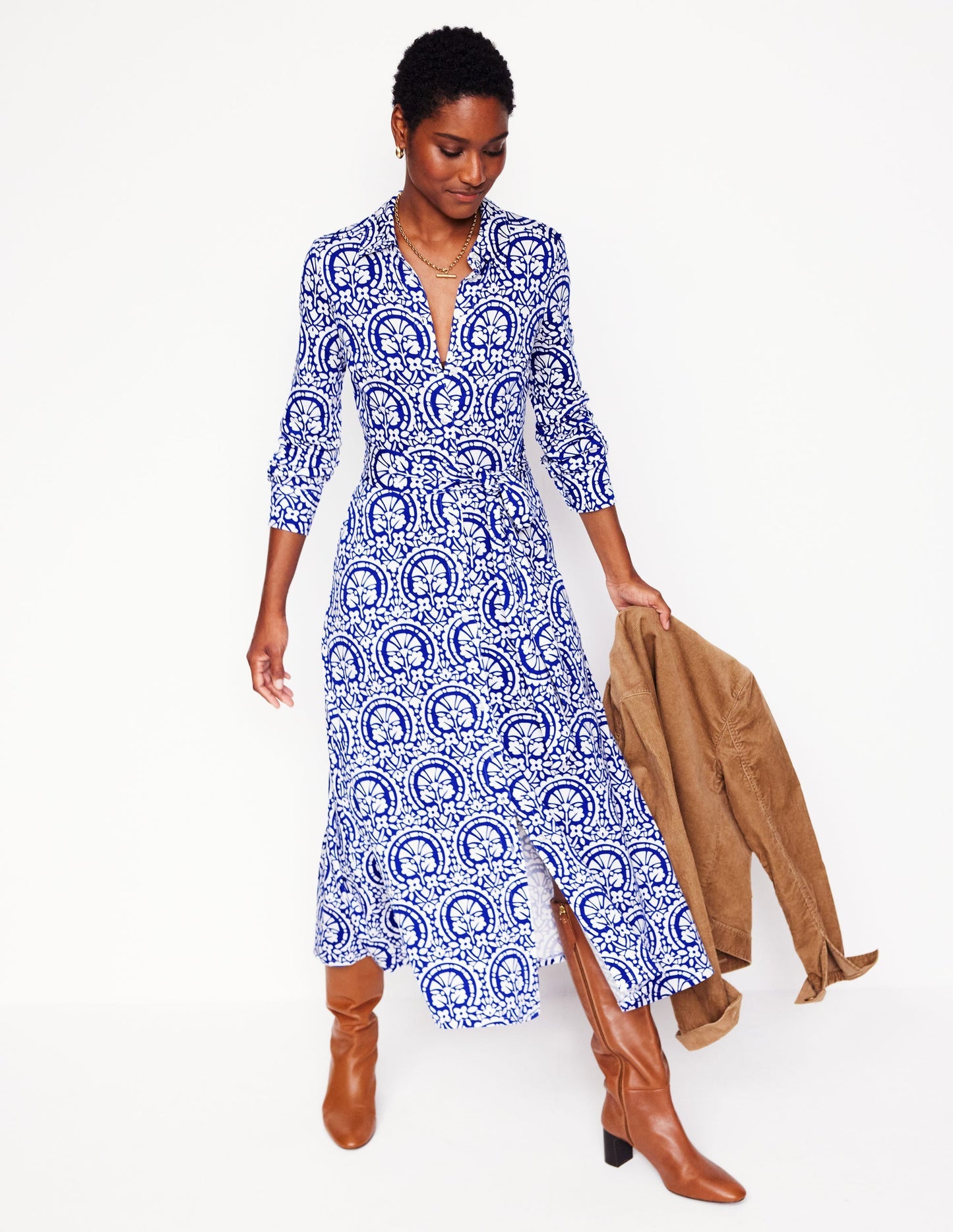 Boden Marcia Jersey Shirt Dress - Bright Blue, Elaborate Stamp