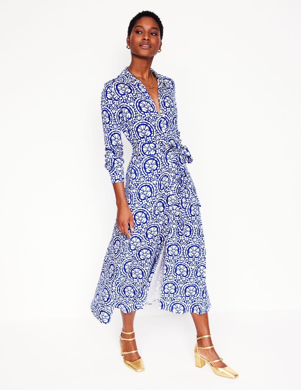 Boden Marcia Jersey Shirt Dress - Bright Blue, Elaborate Stamp