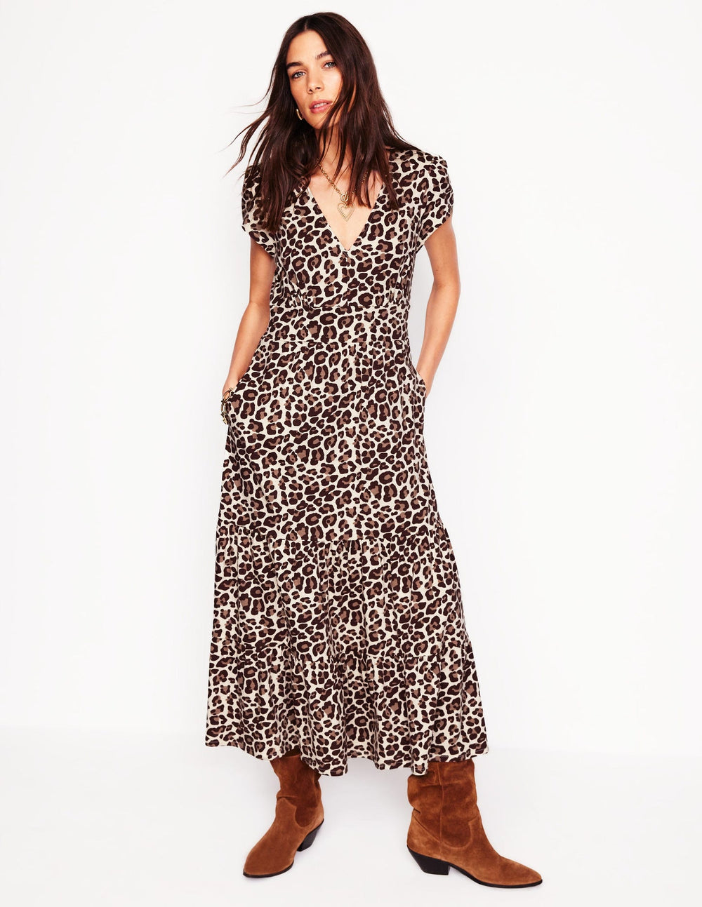 Boden Eloise Tiered Jersey Dress - Cheetah Pop