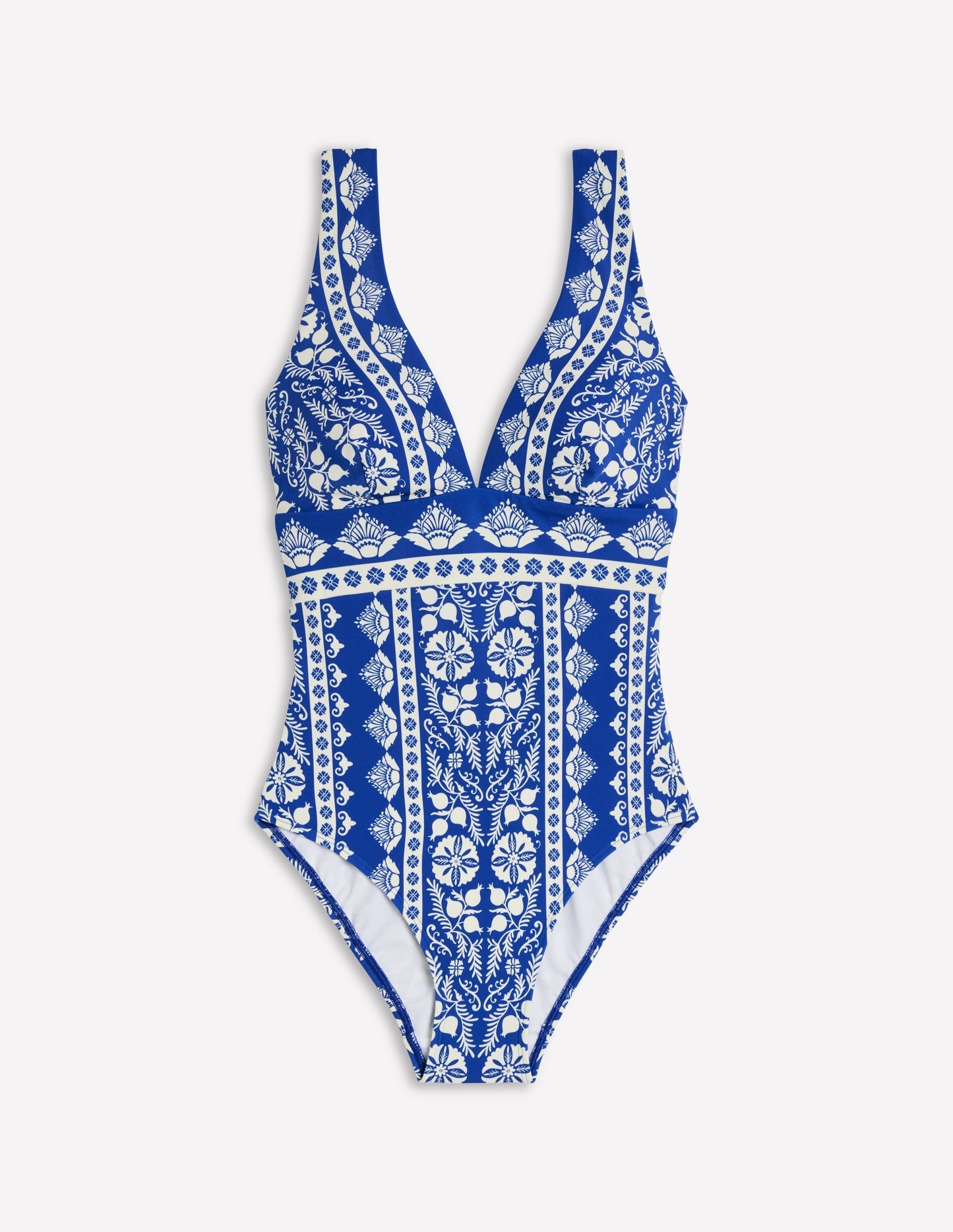 Boden Porto V - Neck Swimsuit - Bright Blue, Ornate Stripe