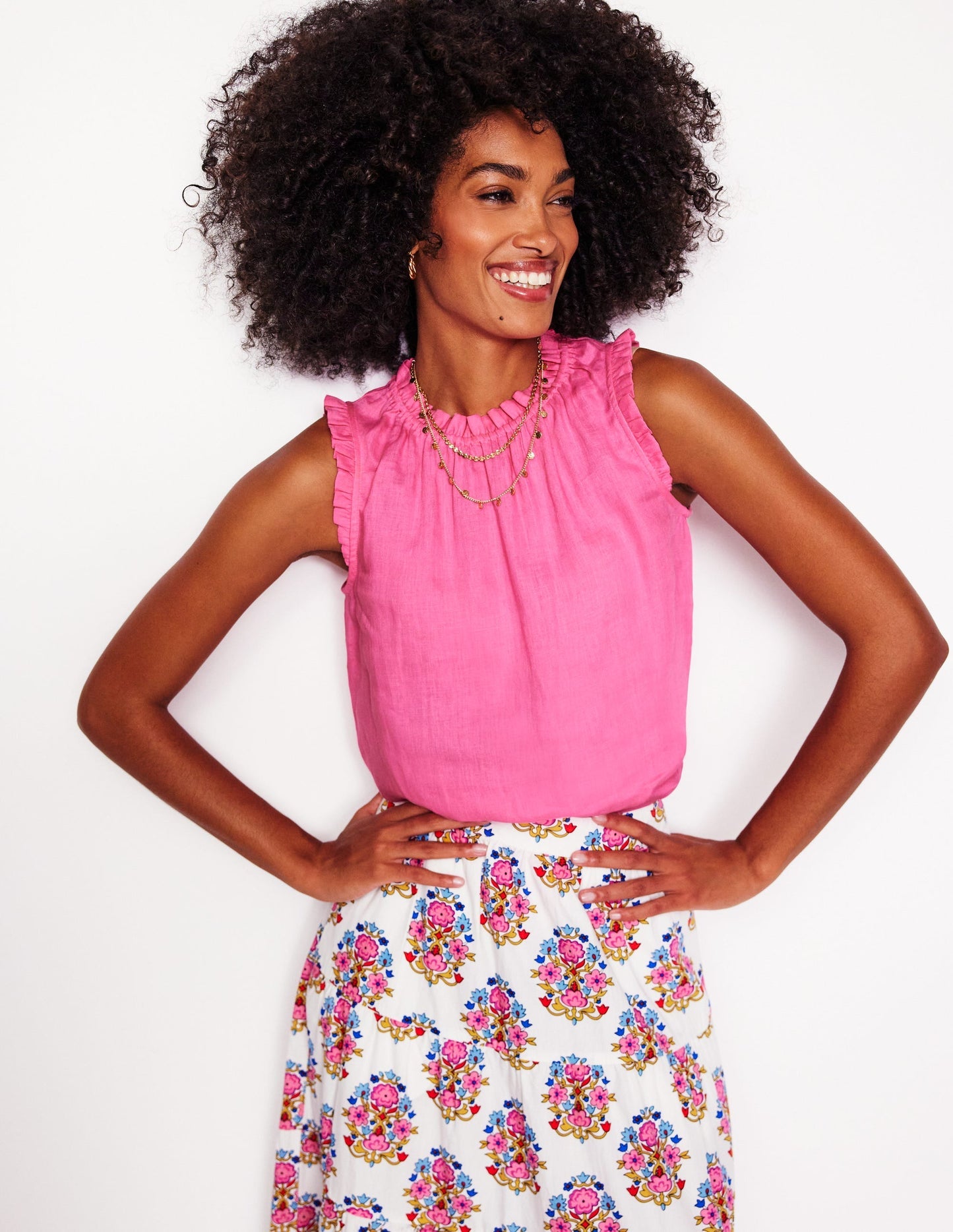 Boden Sophie Ruffle Linen Top - Pink Rose
