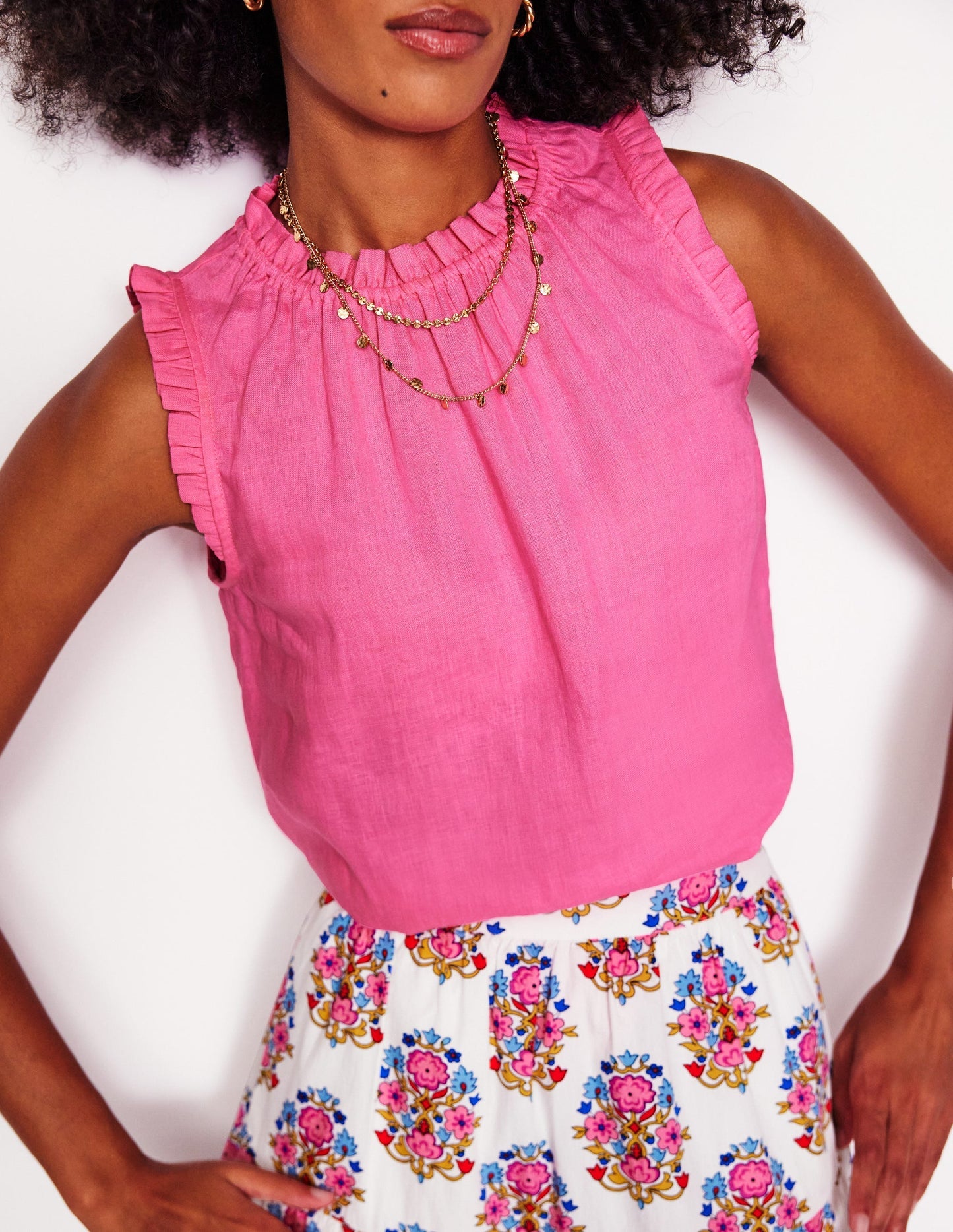 Boden Sophie Ruffle Linen Top - Pink Rose