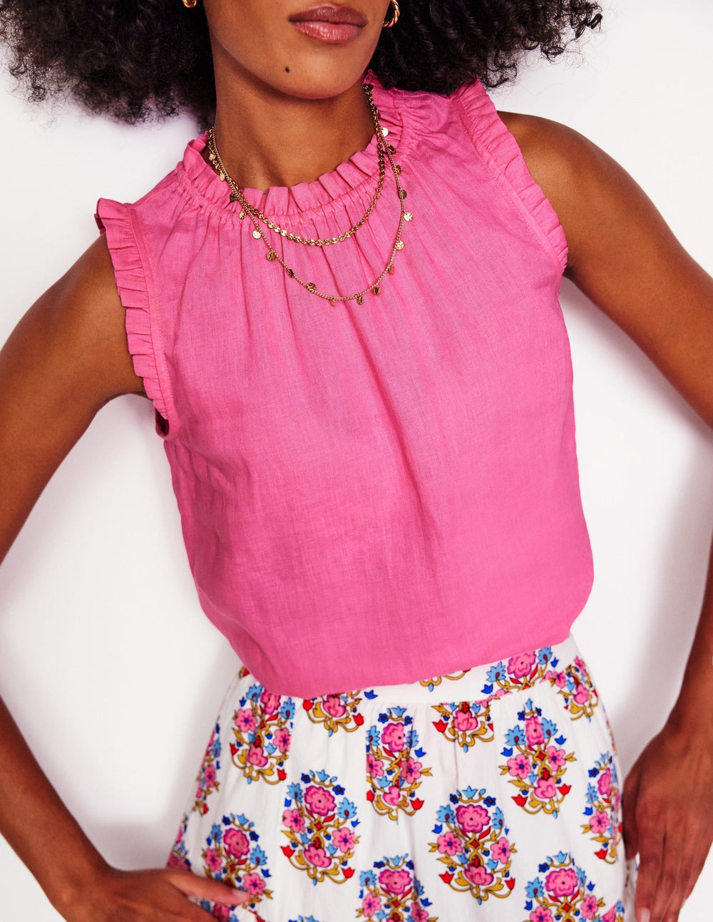 Boden Sophie Ruffle Linen Top - Pink Rose