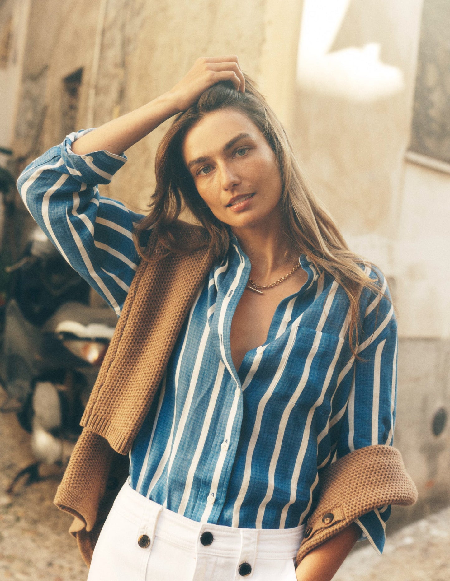 Boden Sadie Relaxed Linen Shirt - Bright Blue Woven Breton